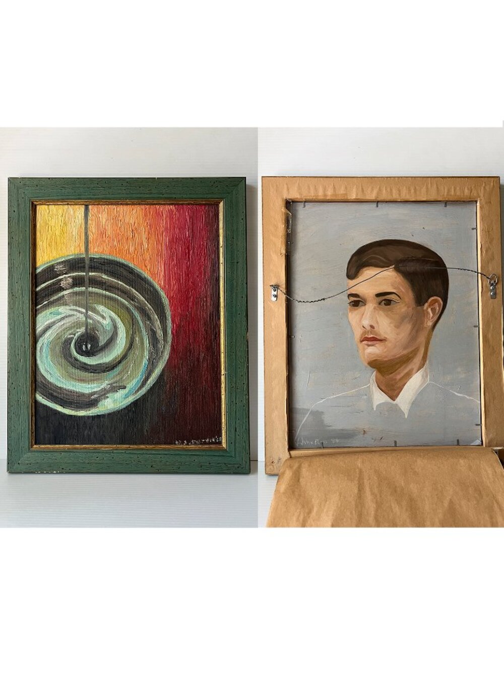 V. Johnston Original Oil Painting Double Sided Abstract Portrait Signed 1966 MCM